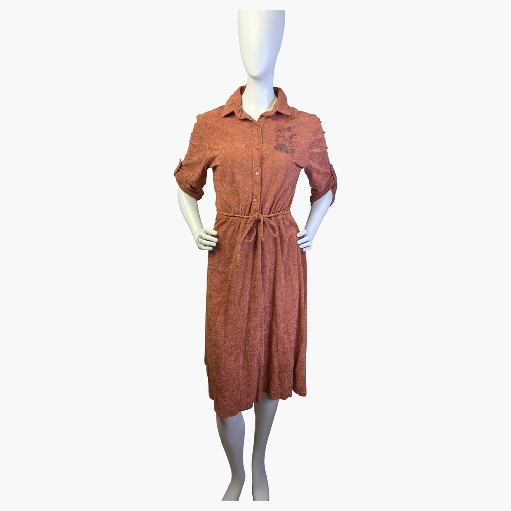 Vintage 70s Terry Cloth Bohemian Floral Tie Waist Dress | Terracotta | Size M